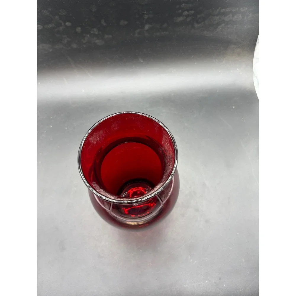 Vintage Ruby Red Glass Vase Paneled Pedestal Base Crimson Flower Bud Vase 6.25in